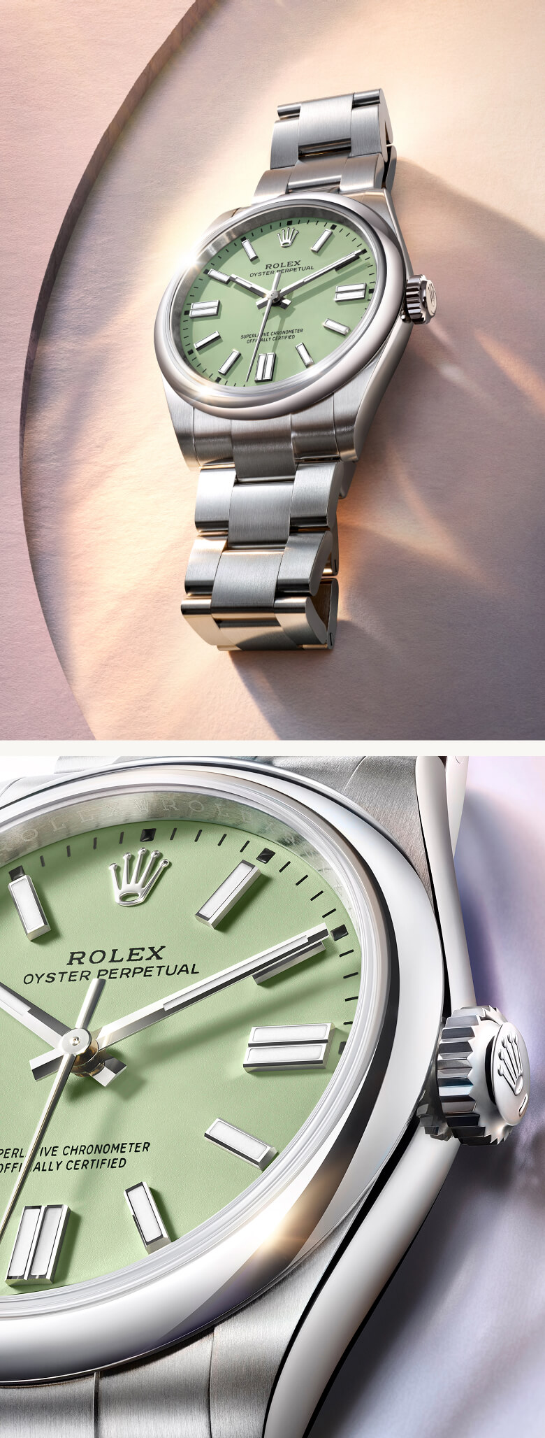 Das Zifferblatt in Pistachio an der Oyster Perpetual